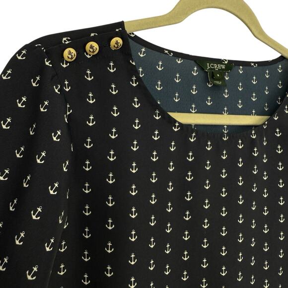 J Crew Nautical Anchor Print Popover Top Small Georgette Navy Button Shoulder - Picture 1 of 7